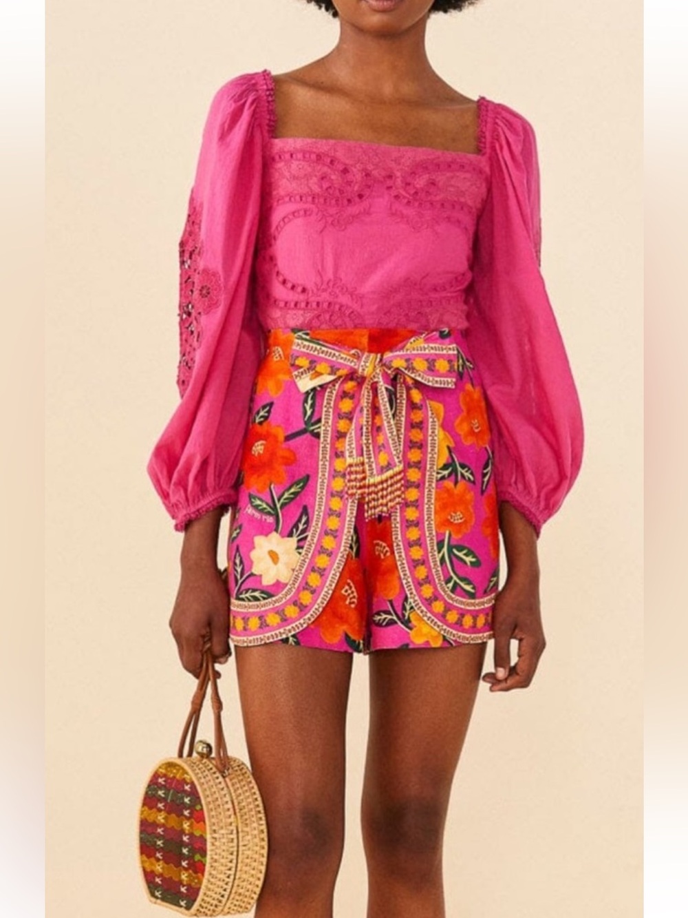 Farm Rio Pink Flower Tapestry Linen Blend Shorts S Small NWT